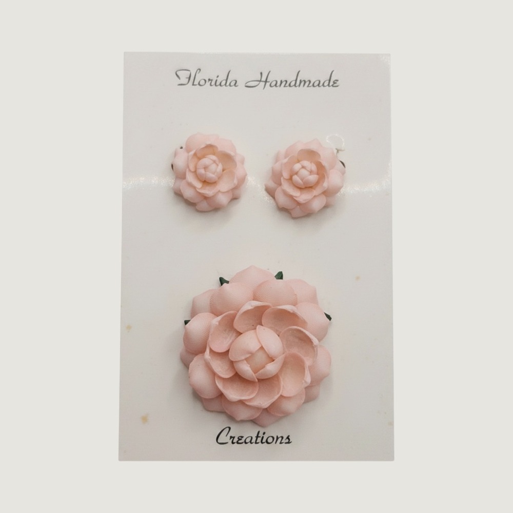 Vintage Florida Handmade Shell Flower Earrings Brooch Set Pink 1950s Souvenir